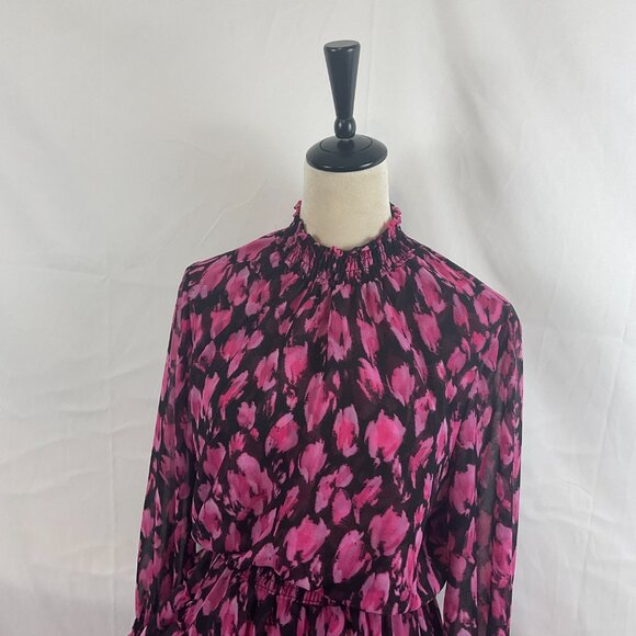 Misa Dress M Black Pink Print Gathered Neck Sleeves Waist Ruffle Long Semi-Sheer - Picture 5 of 13